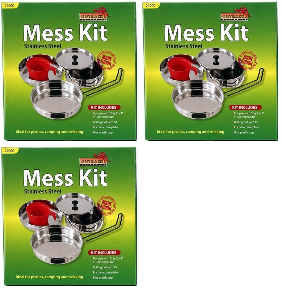 3x Stainless Steel 1 Person Mess Kit, ideal for picnics, camping and trekki