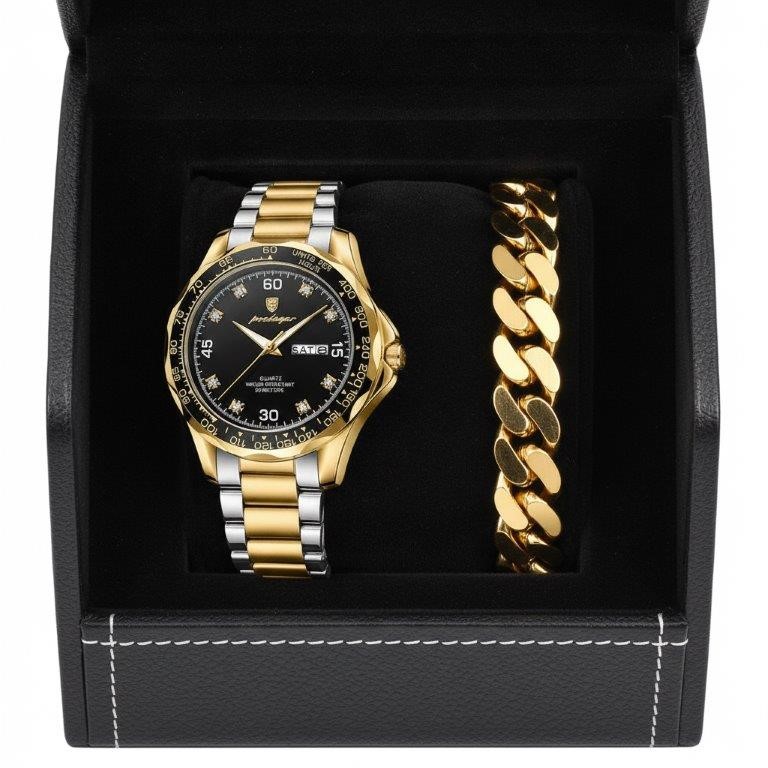 Luxury Poedagar Watch & Cuban Link Bracelet Set with Premium Executive Box