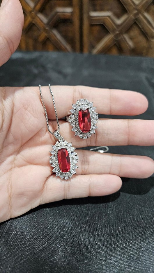 10.0ct Ruby Simulated Diamodns Stones Pendant and Ring