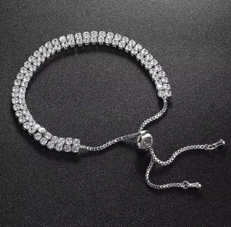 Two Rolls 925 Sterling Silver Tennis Bracelet Simulated Diamonds-Adjustable