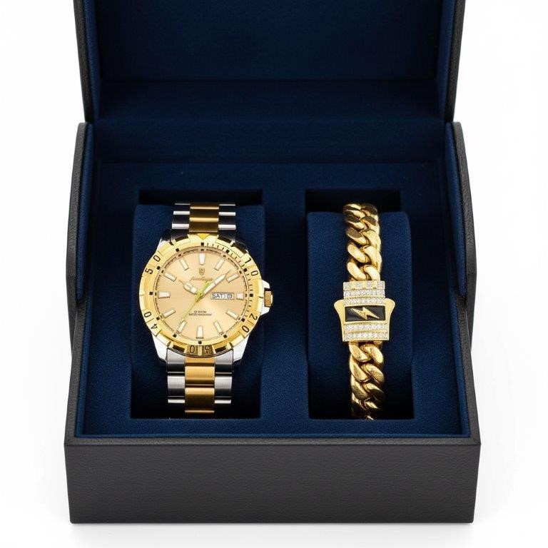 Jewelz Merchants Men's Watch & Cuban Link Bracelet Gift Set – Two-Tone Gold