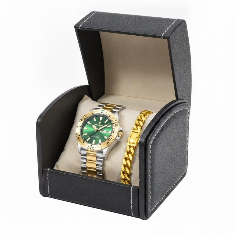 Men's Two-Tone Watch & Cuban Link Bracelet Gift Set – Green Dial – Gift