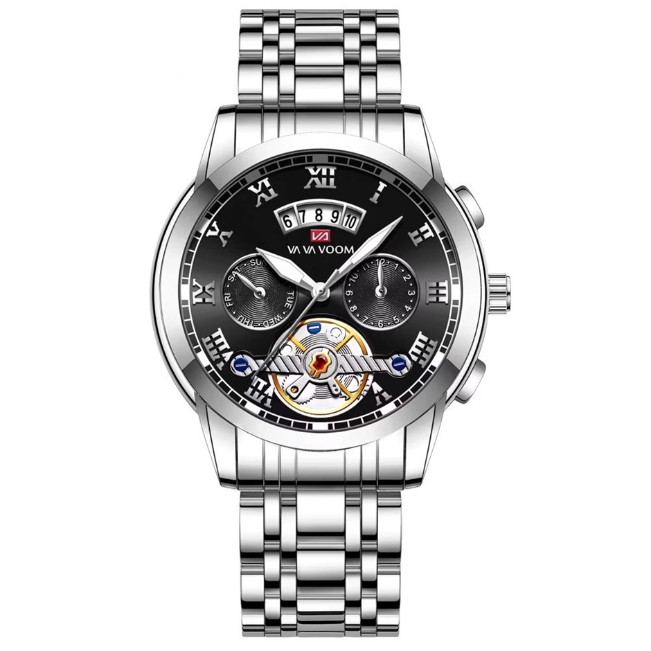 Tourbillon Glow in the Dark Sports Men's Watch, Silver/Black