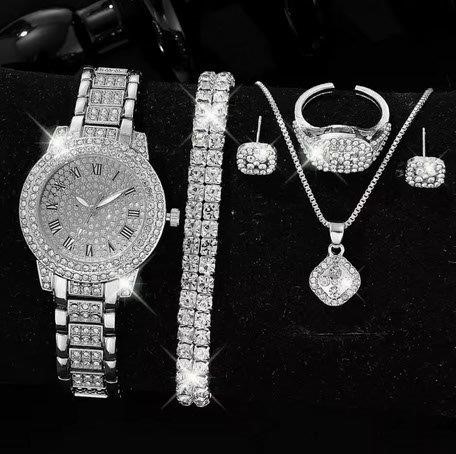 6-Piece Jewellery Set. Watch, Necklace, Bracelet, Ring & Earrings(Gift Box)