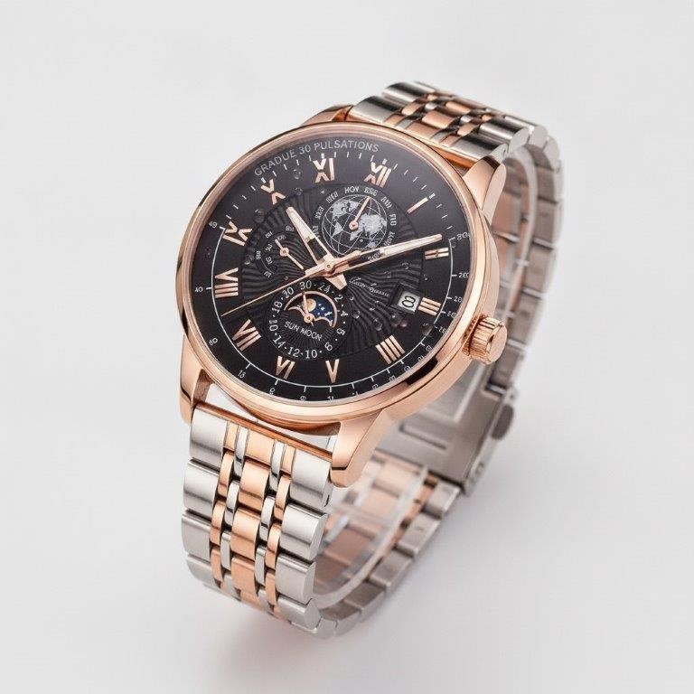 Luxury Men's Two-Tone Rose Gold & Silver Quartz Watch Multi-Function Style