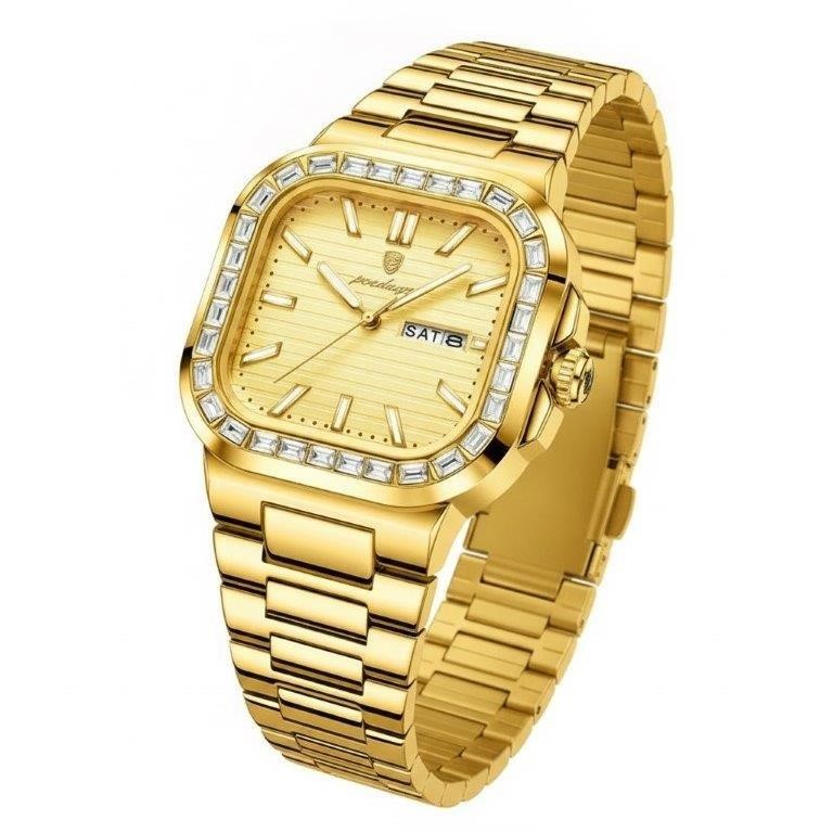 POEDAGAR Men's Gold-Tone Watch, Simulated Diamond Bezel & Premium Gift Box