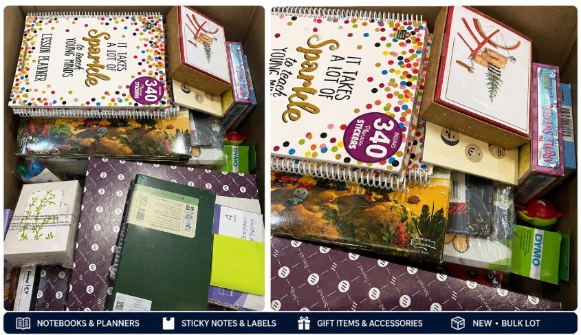 BOX OF ASSORTED STATIONERY: Planners, Notebooks, Sticky Notes, Labels, Gift