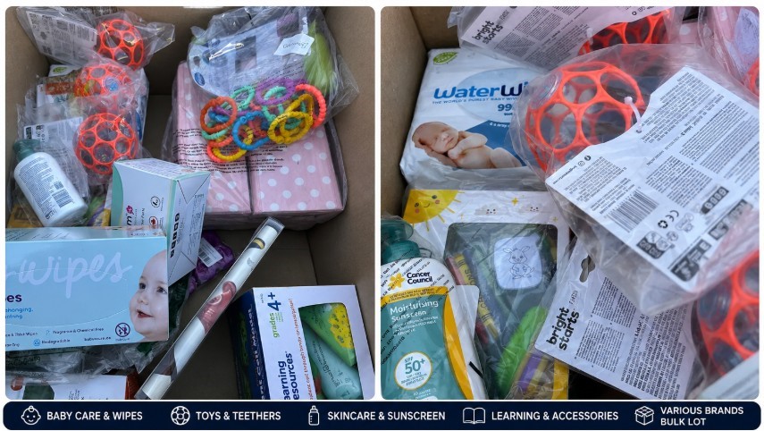 BOX OF ASSORTED BABY & CHILD ESSENTIALS: Wipes, Teething Toys, Baby Care, S