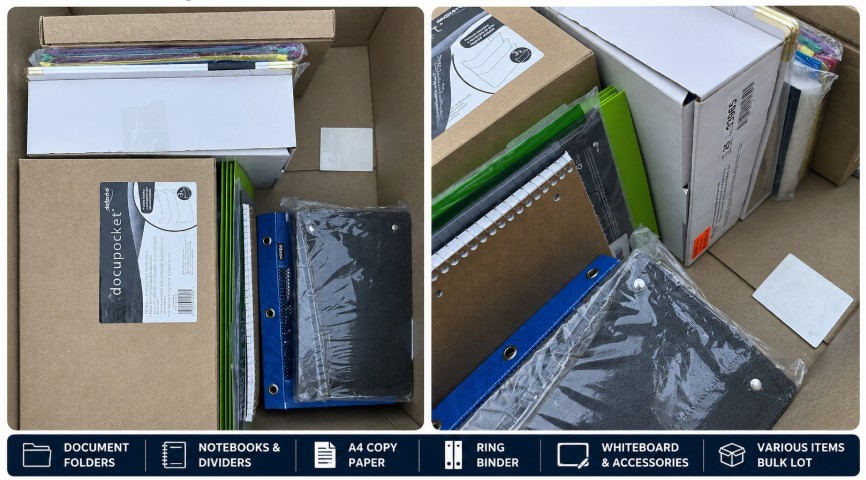 BOX OF ASSORTED STATIONERY & OFFICE SUPPLIES: Document Pockets, Folders, No