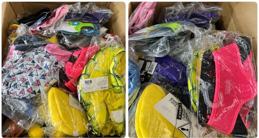 BOX OF ASSORTED PET ACCESSORIES: Harnesses, Clothing, Costumes, Collars & M