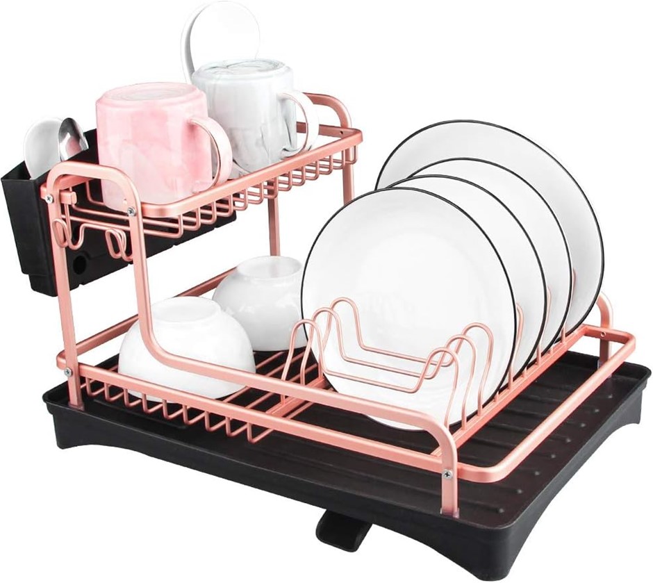 TOMOROTEC Never Rust Aluminum Dish Rack and Drain Board with Utensil Holder