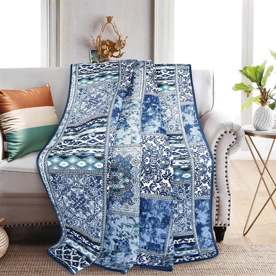 NEWLAKE Quilted Throw Blanket for Bed Couch Sofa, Blue Classic Bohemian, 60