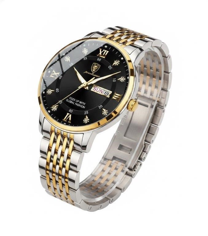 Luxury Poedagar Black Dial Watch – Two-Tone Stainless Steel with Original