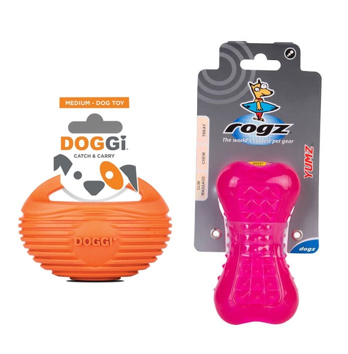 3 Pack of Dog Toys: 2 x DOGGI Rugby Ball Medium, 1 x ROGZ Yumz Dog Toy Pink