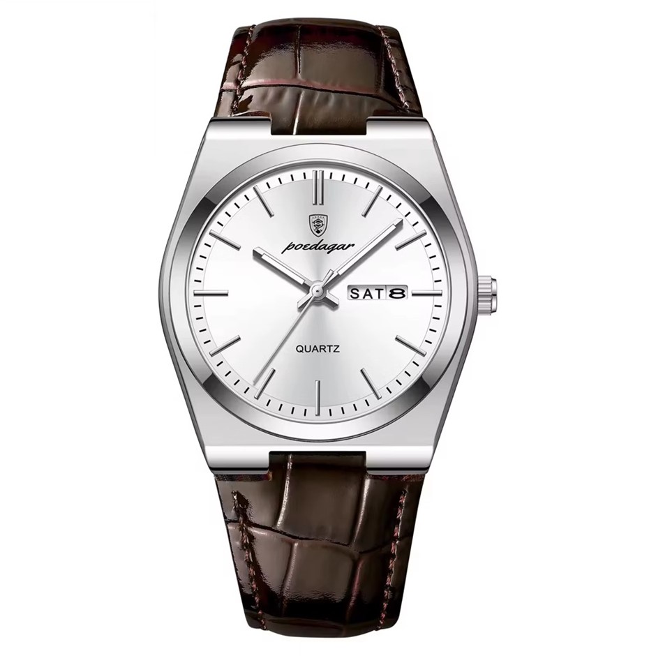Luxury Quartz Watch for Men, Calendar with Leather Strap, Silver