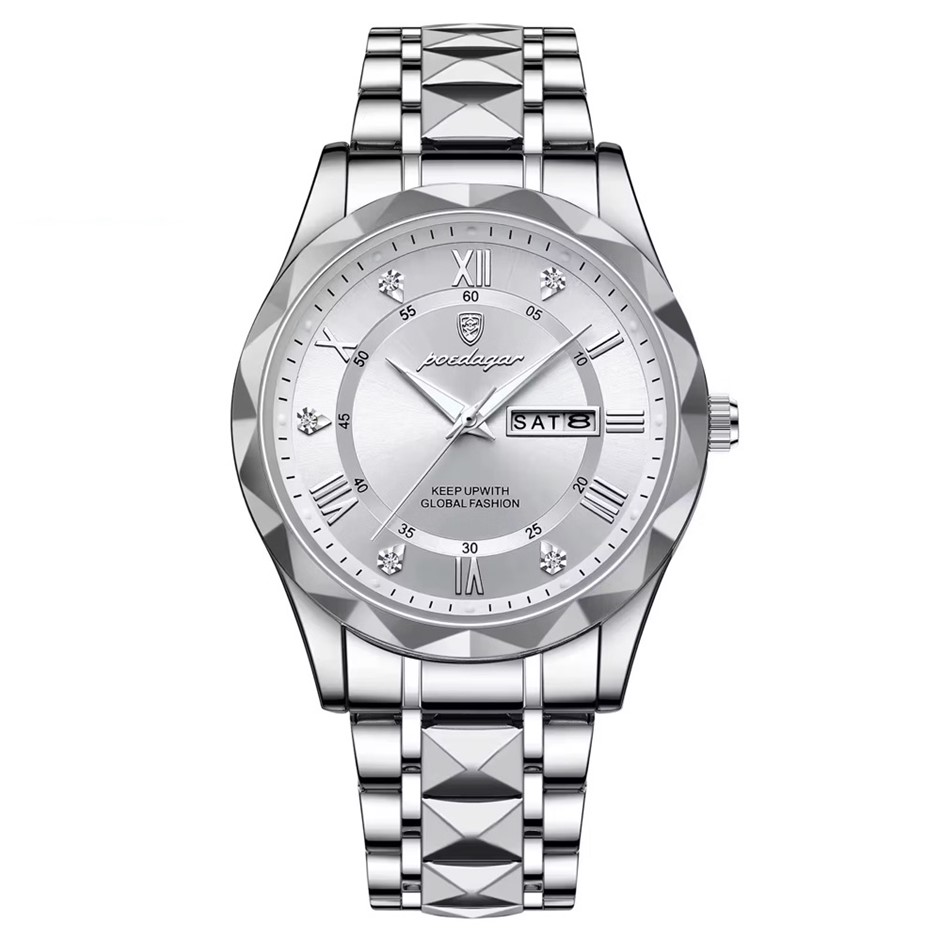 Luxury Men's Quartz Watch Date Week with Stainless Steel Strap, Silver
