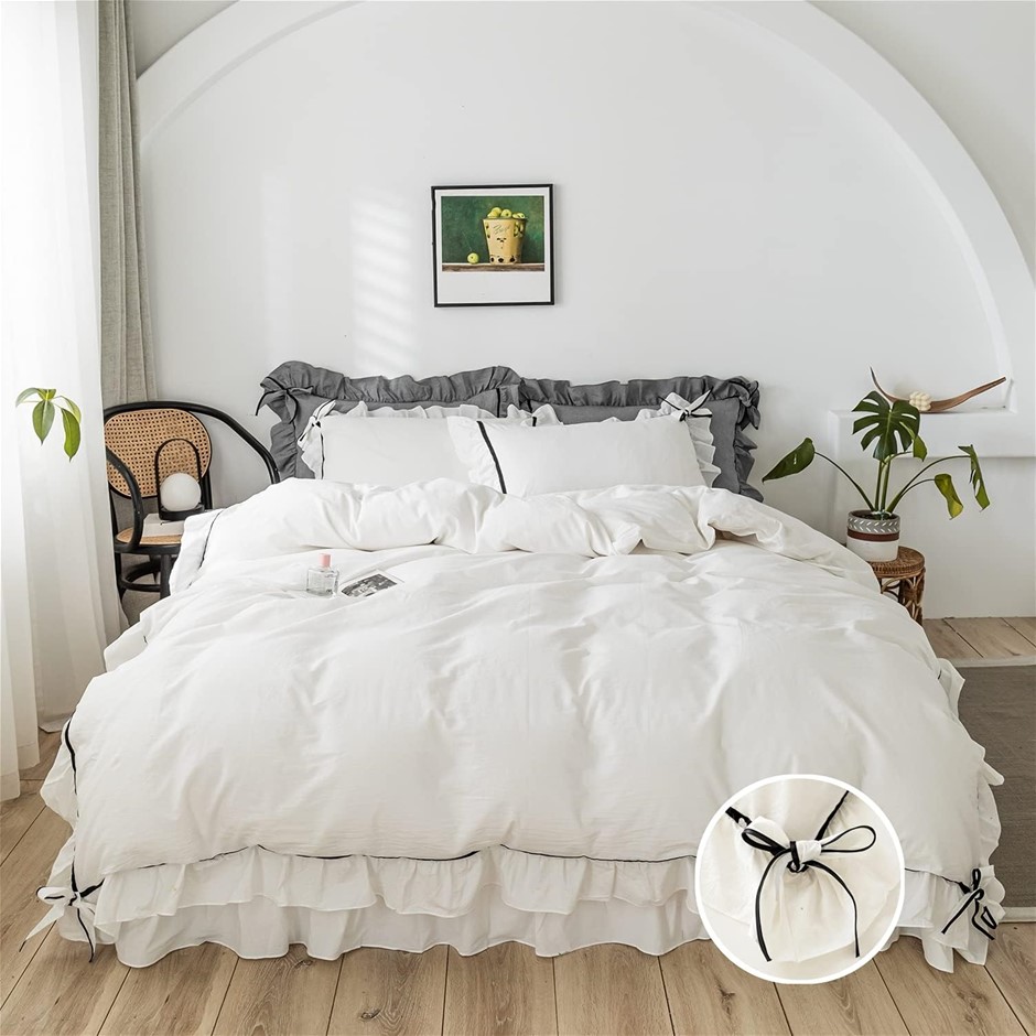 SOUKACH Ruffled Bedding Bow Duvet Cover Set with Butterfly Tie Soft Brushed