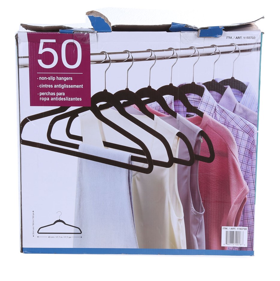 50 x Non-Slip Velvet Coat Hangers, 45cm. N.B. Damaged packaging & approx. 5