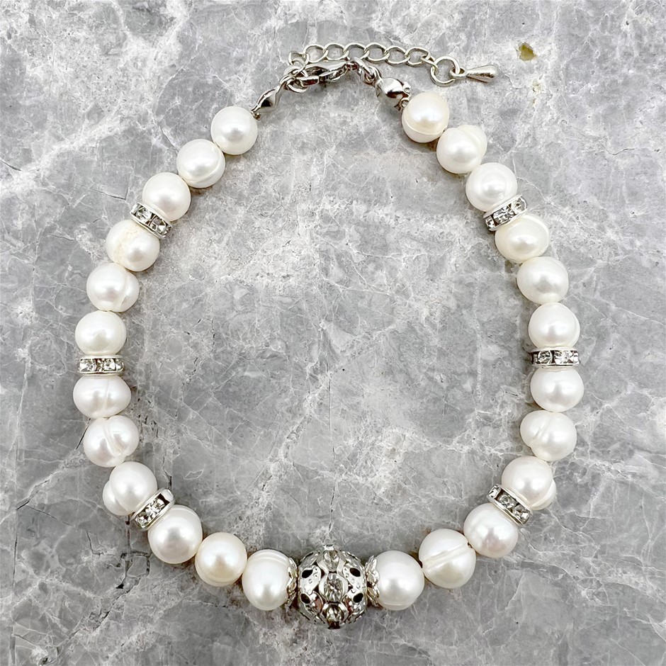 7-8mm White Pearls & Rhinestone Real Platinum Plated Bracelet