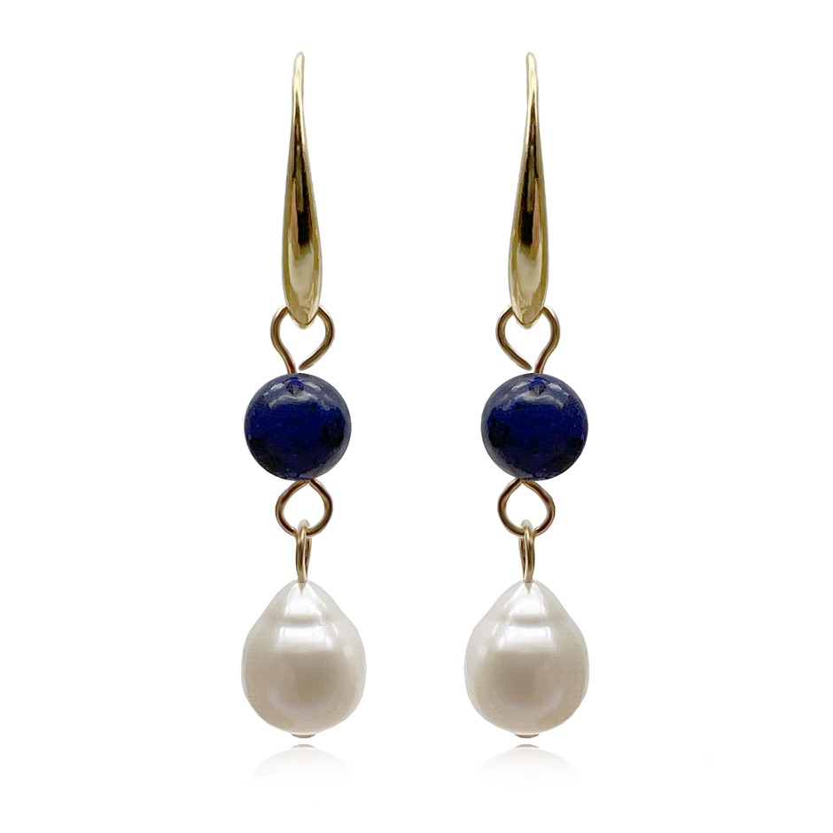 6mm Lapis & Baroque Pearl Dangling Earrings.