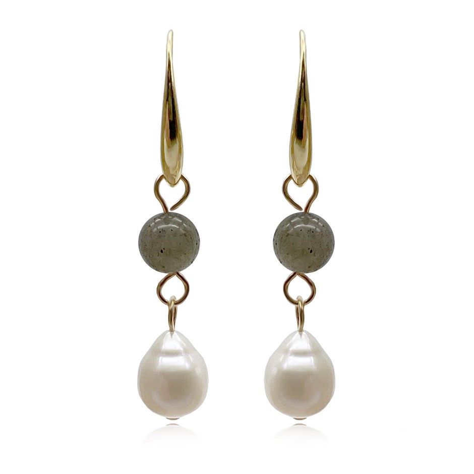 6mm Labradorite & Baroque Pearl Dangling Earrings.