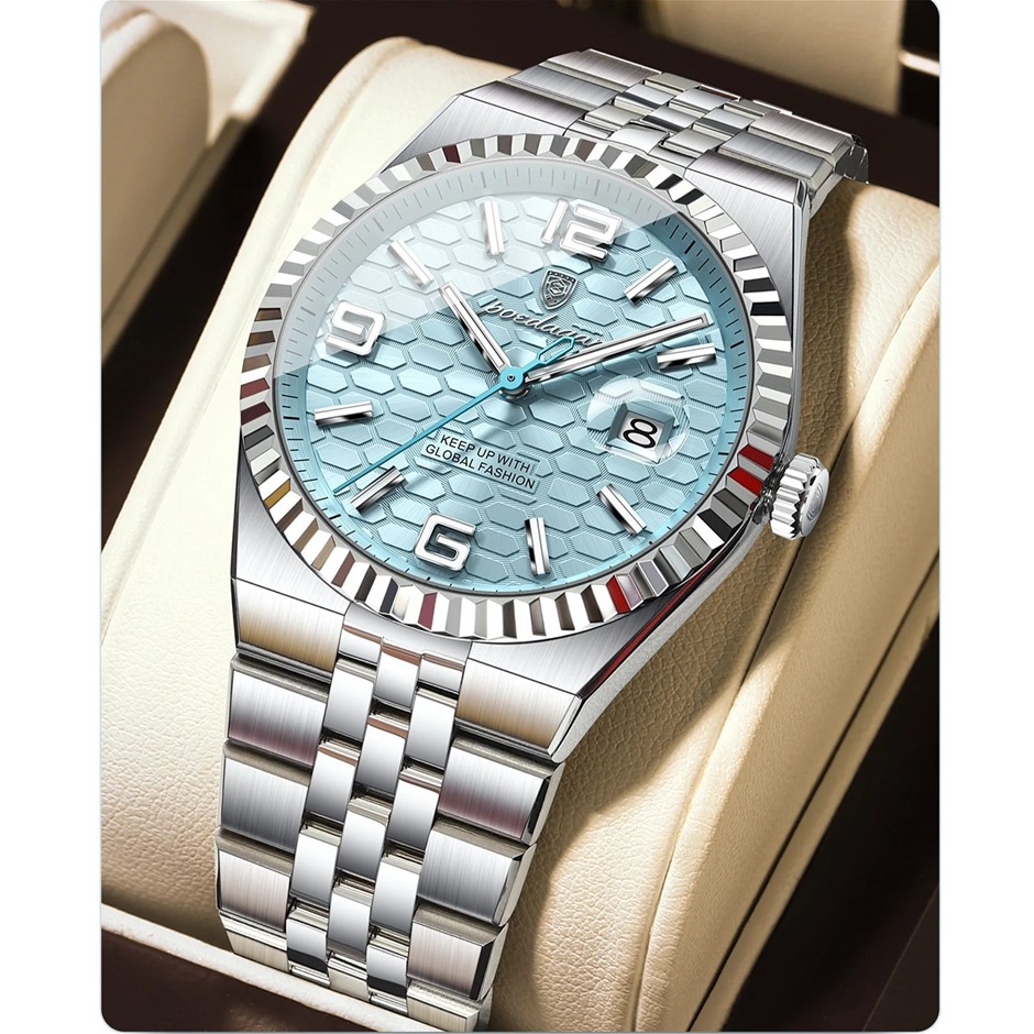 POEDAGAR Silver Mint Blue SS Men's Quartz Watch