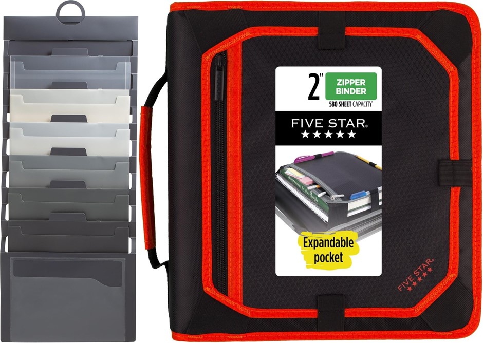 BUNDLE OF Smead 6-Pocket Wall Organizer, Grey + Five Star 2-Inch Zipper Bin