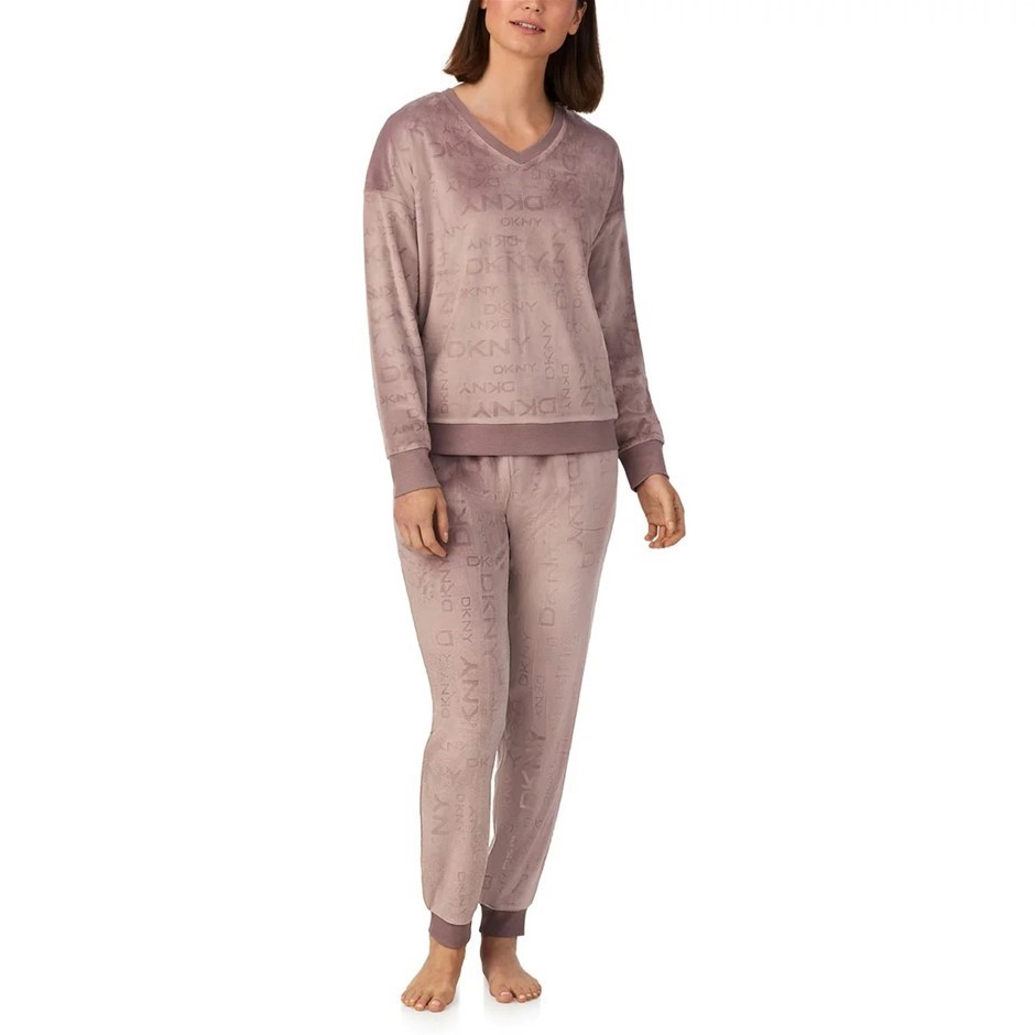 DKNY Women's 2pc Stretch Velour Lounge Set, Size XL, Taupe Purple (V-Neck).