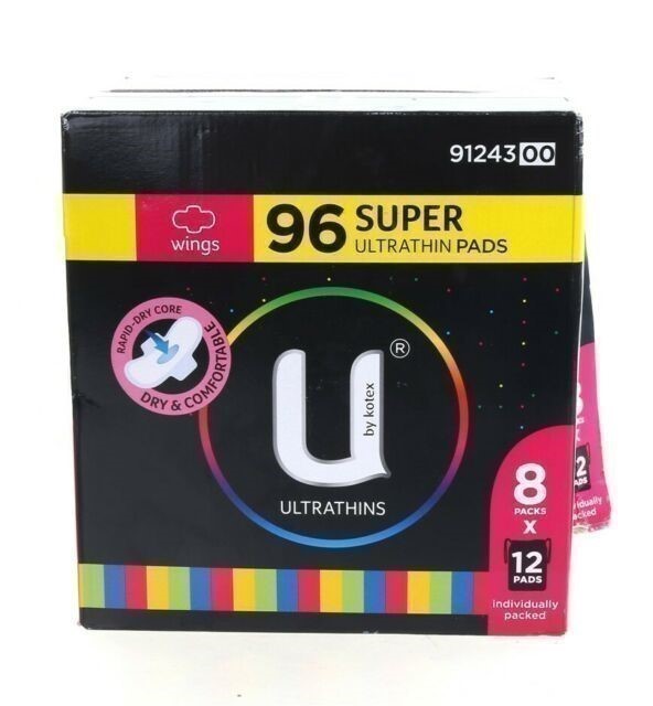 U BY KOTEX 96pk Super Ultra Thin Pads w/ Wings. N.B. Damaged packaging & ap