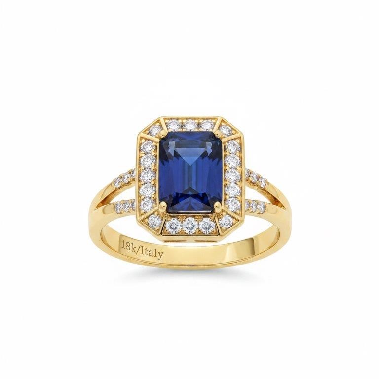 18K/Italy 8.0ct Blue Emerald Cut  Yellow Gold Filled Ring(stamped)-9US