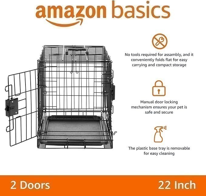 AMAZON BASICS Durable Foldable Metal Wire Dog Crate with Tray, Double Door