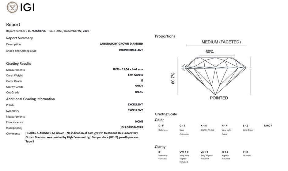 5.04 Carats E/VVS2 Lab Grown Diamond - IGI Certified
