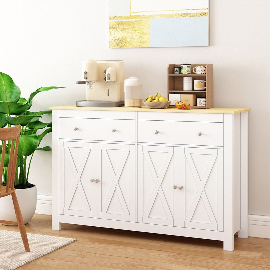 Sideboard Buffet Cabinet 2 Drawers 4 Doors Kitchen Storage White