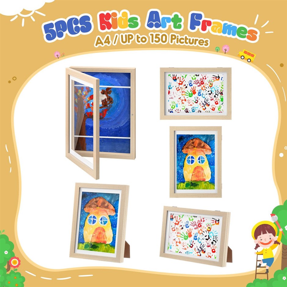 5PCS A4 Kids Art Display Frames Holds 150 Pictures Wooden Black
