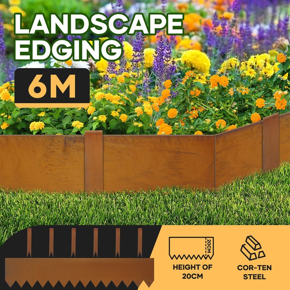 6PCS 6mx20cm CorTen Steel Garden Edging Lawn Border Set DIY Flexible