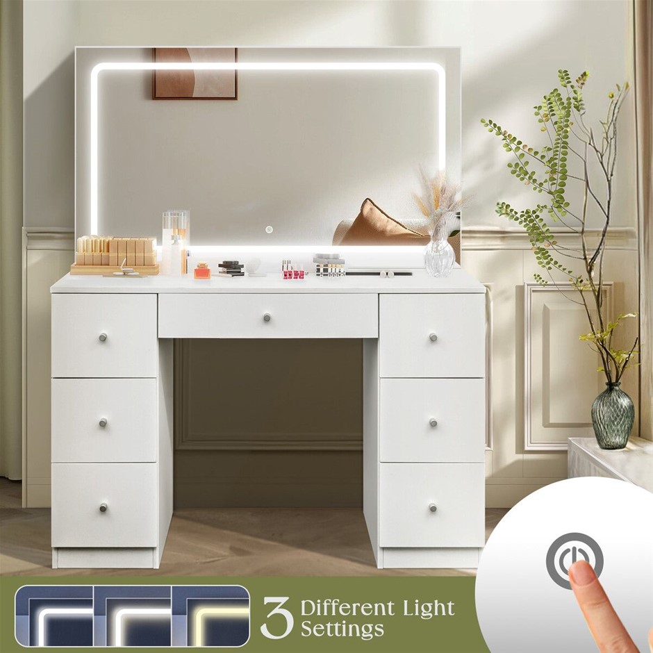 XL Vanity Makeup Table with LED Mirror 7 Drawers White Dressing Desk