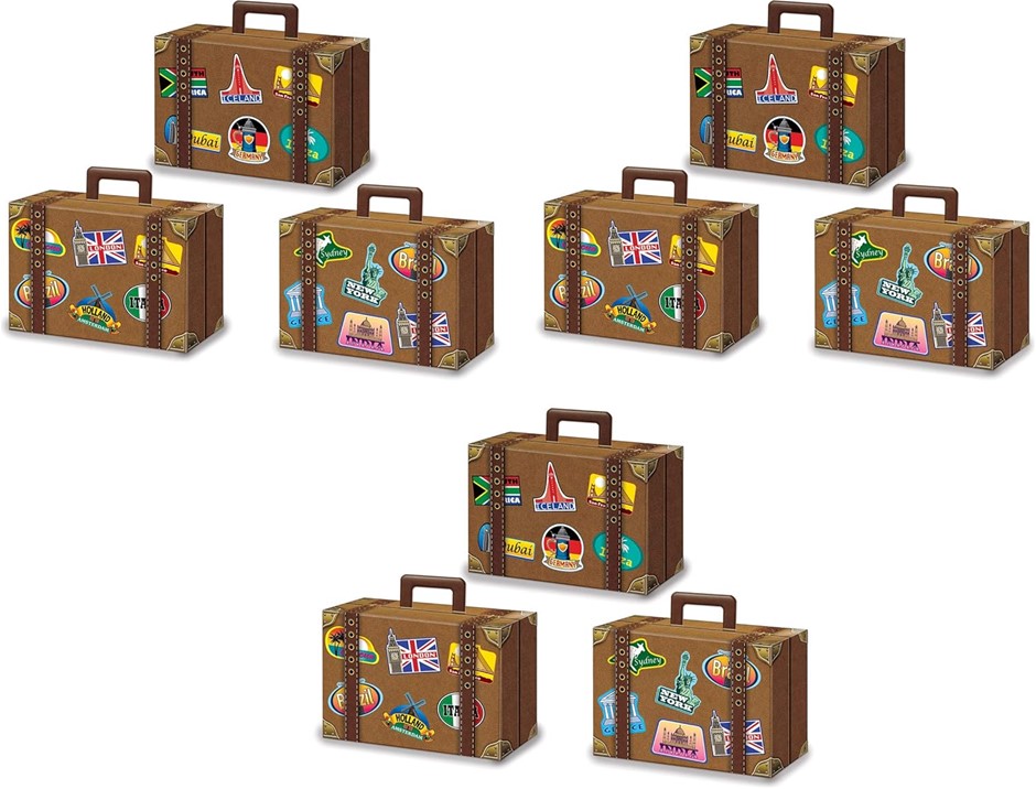 Beistle Luggage Favor Boxes 9 Piece Suitcase, World Traveler Decor, Brown.