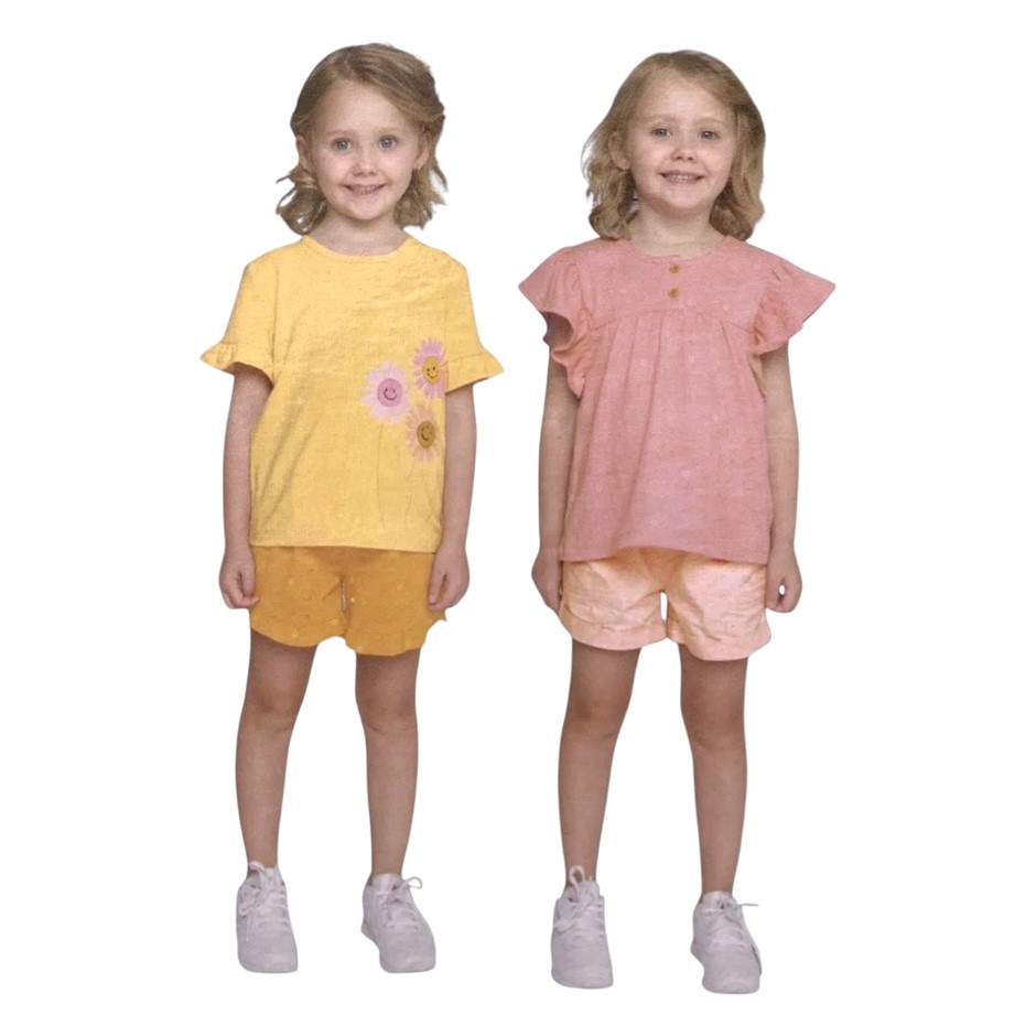 PEKKLE 4pc Kids' Tops & Shorts Set, Size 6, DTP Sun Flower. Buyers Note -