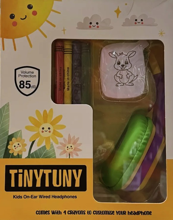 TINYTUNY Kids DIY Headphones comes with 4 crayons to customise your headpho