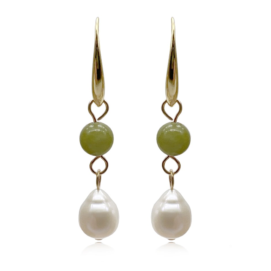 6mm Peridot & Baroque Pearl Dangling Earrings.