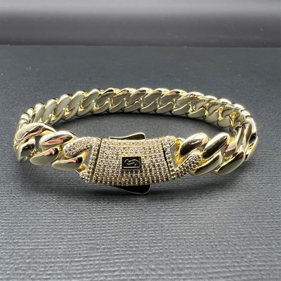 14K Gold-Filled Solid Cuban Bracelet, Cubic Zirconias,10MM Wide - 17.8cm