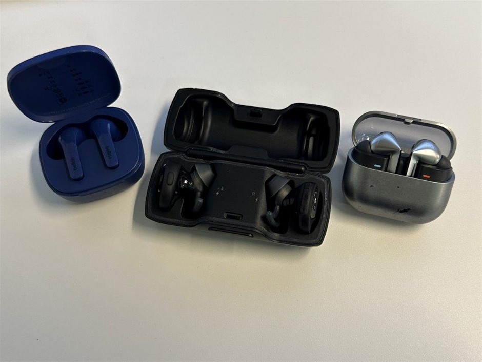 3 x Asstd. Brands model earbuds with charging cases