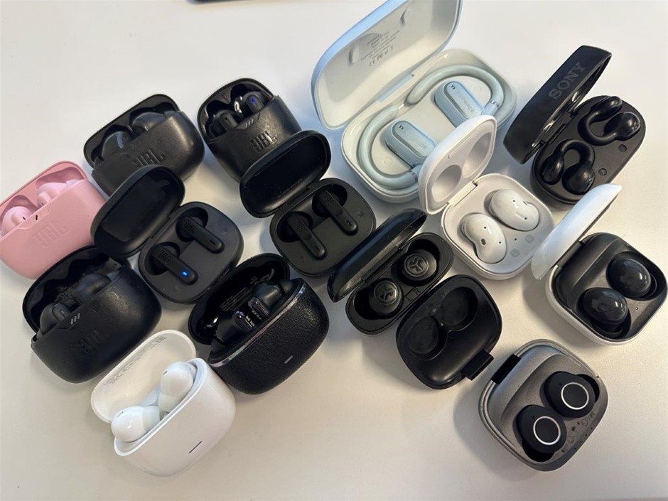 14 x Asstd. Brands model earbuds with charging cases