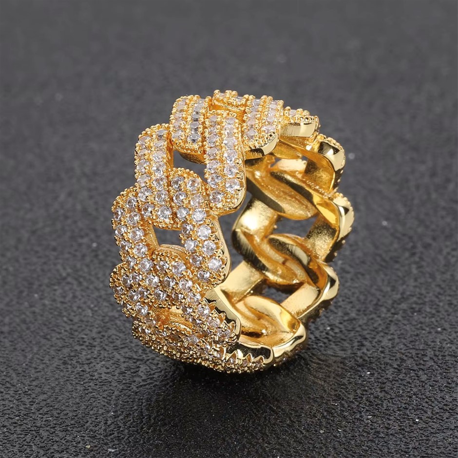 18K Gold-Filled Cuban Iced Out Ring with AAA+ Cubic Zirconia - Size 7