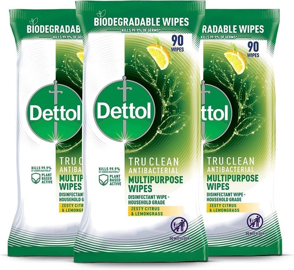 DETTOL Tru Clean Antibacterial Wipes Zesty Citrus and Lemongrass 90 wipes,