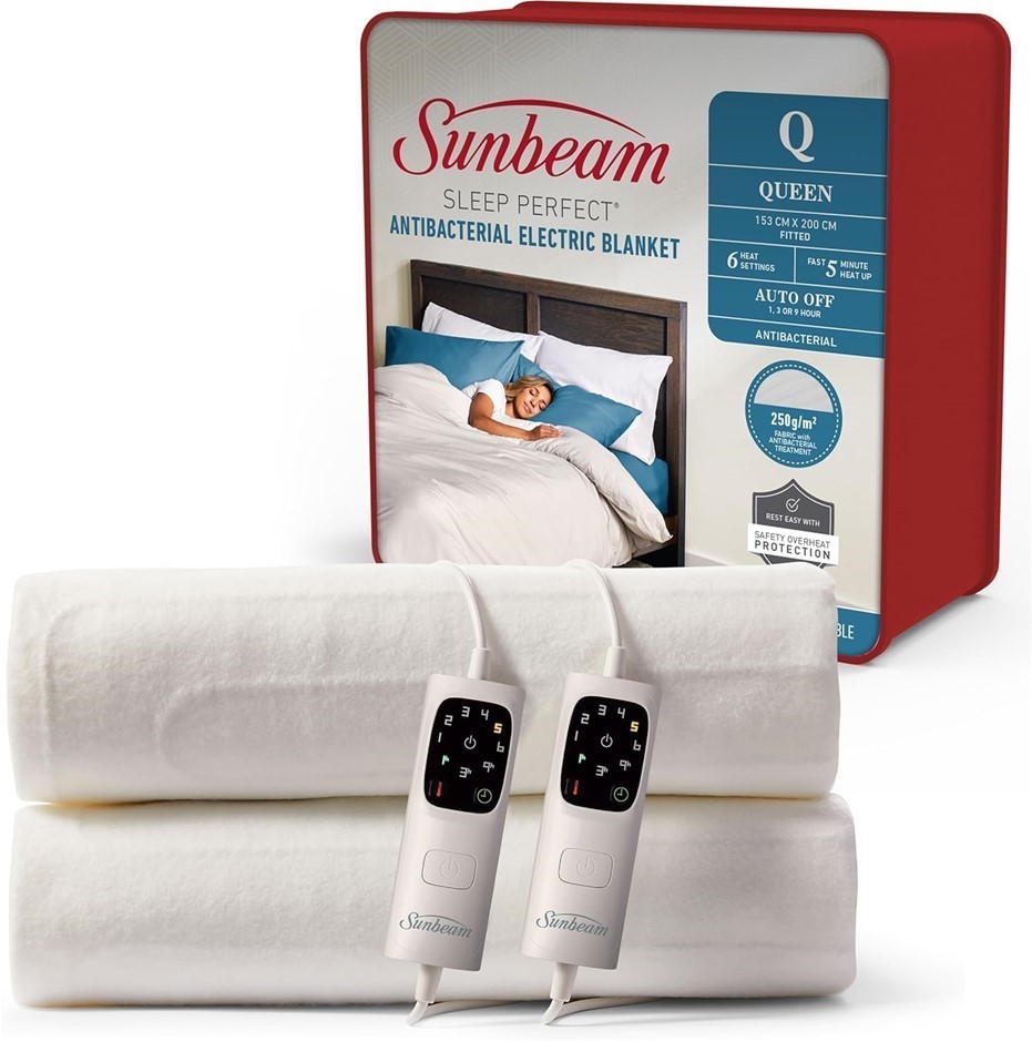 SUNBEAM Sleep Perfect Antibacterial Electric Blanket. Size: Queen.
