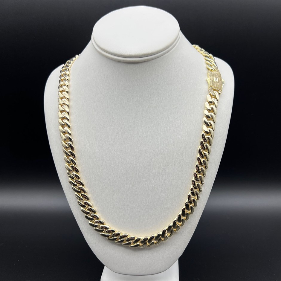 14K Gold-Filled Solid Cuban Necklace, AAA+ Cubic Zirconia, 10MM Wide - 66cm