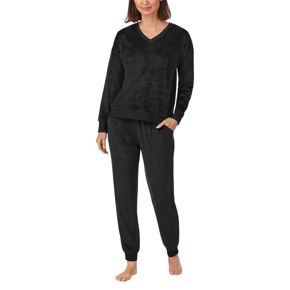 DKNY Women's 2pc Stretch Velour Lounge Set, Size M, Black (V-Neck). Buyers