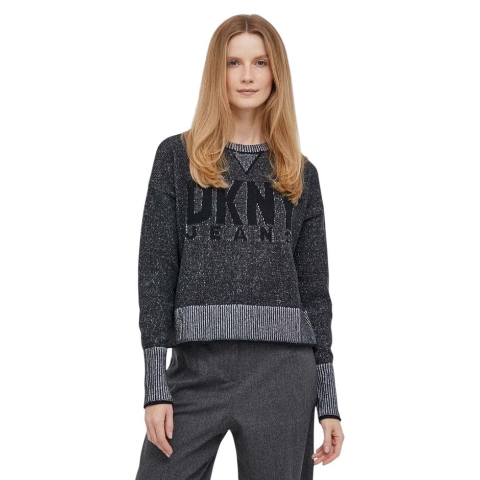DKNY JEANS Women's Logo Sweater, Size XL, 100% Recycled Polyester, Black/Iv