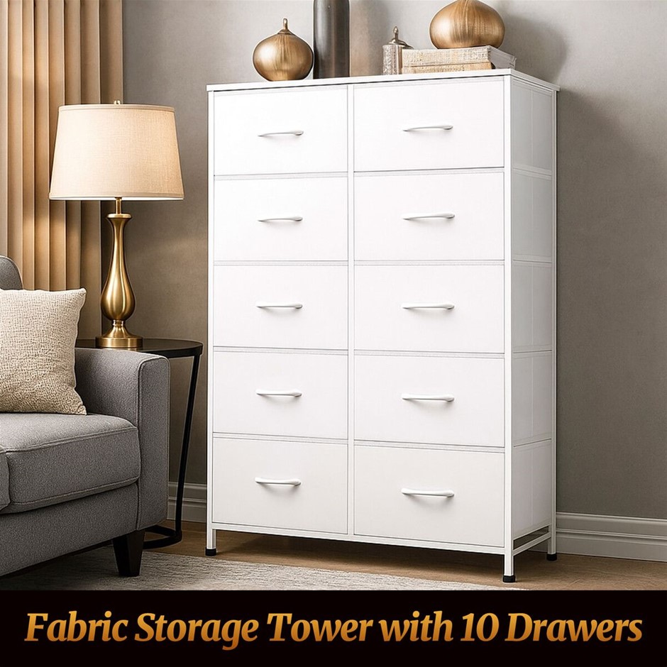 10 Drawer Fabric Bins Double Dresser Storage Tower Cabinet Wood Top White